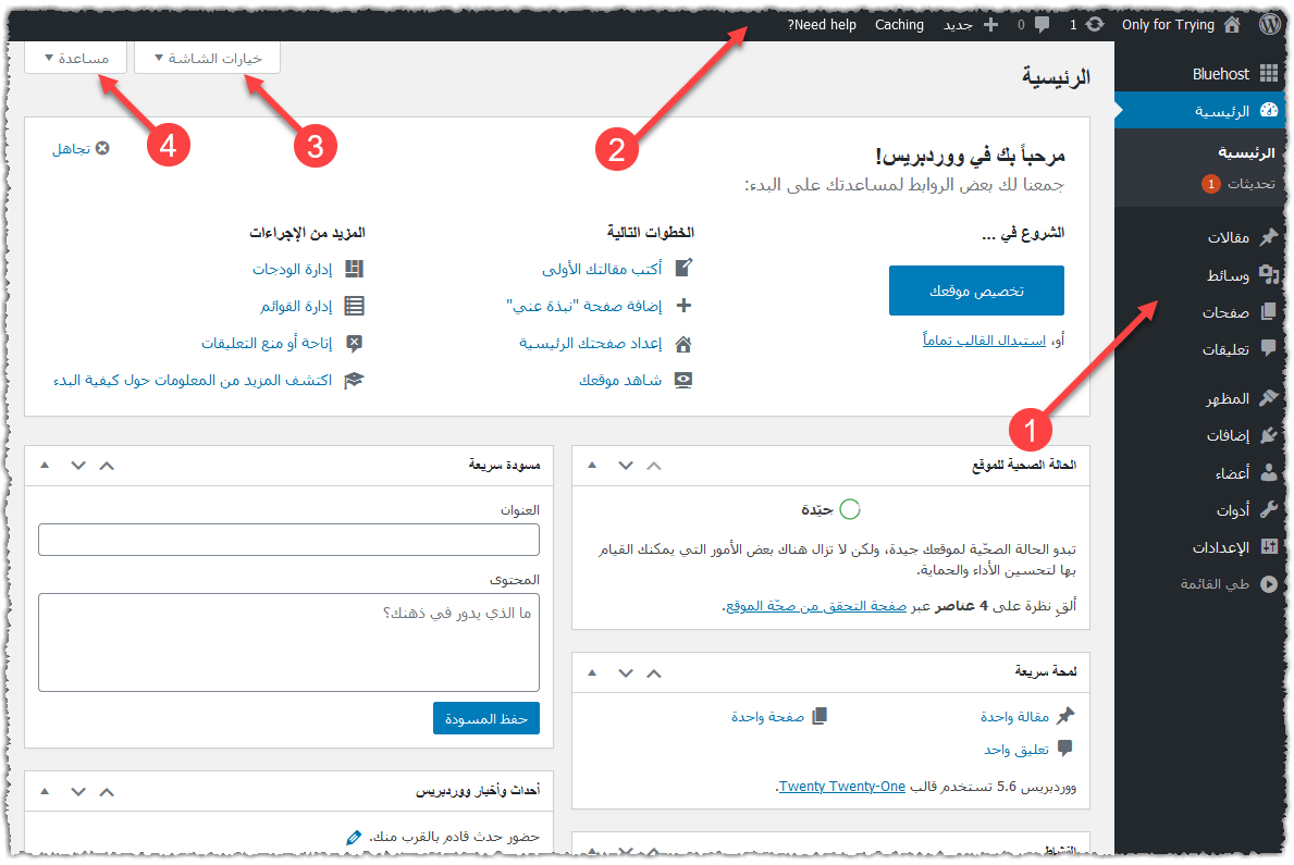 واجهة لوحة تحكم ووردبريس الأساسية